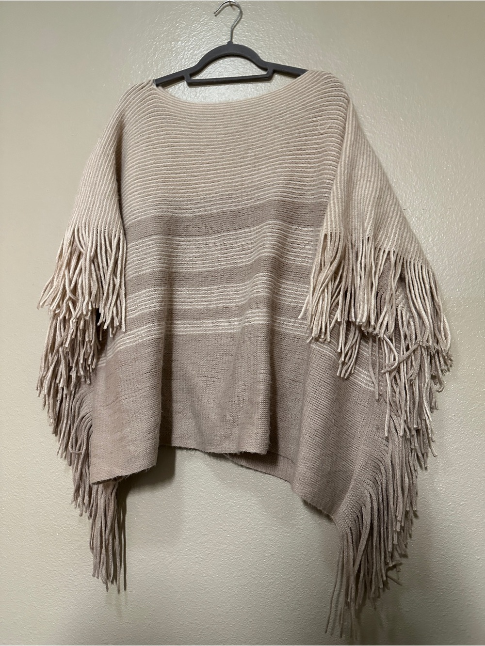 GENTLE FAWN Fringed Striped Knit Poncho Sweater - Beige